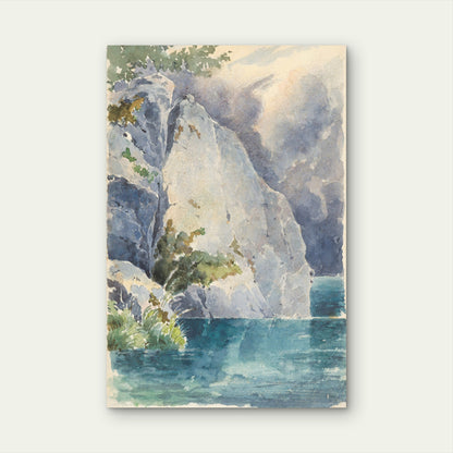Vintage Blue Lake Mountain Cliff 60x90cm Metal Print Ready to Hang