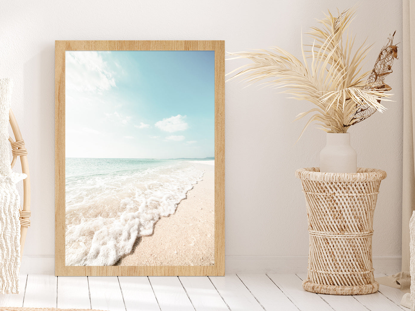 Seawaves on Sandy Beach Faded Photograph Glass Framed Wall Art, Ready to Hang Quality Print Without White Border Oak