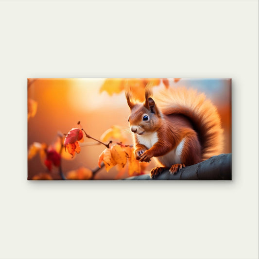 Red Squirrel Autumn Leaves Branch Wildlife Wall Art Canvas Office Home Framed 120x60cm