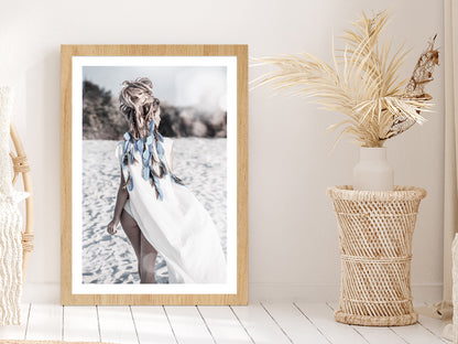 Girl on Sand Beach View Photograph Glass Framed Wall Art, Ready to Hang Quality Print With White Border Oak