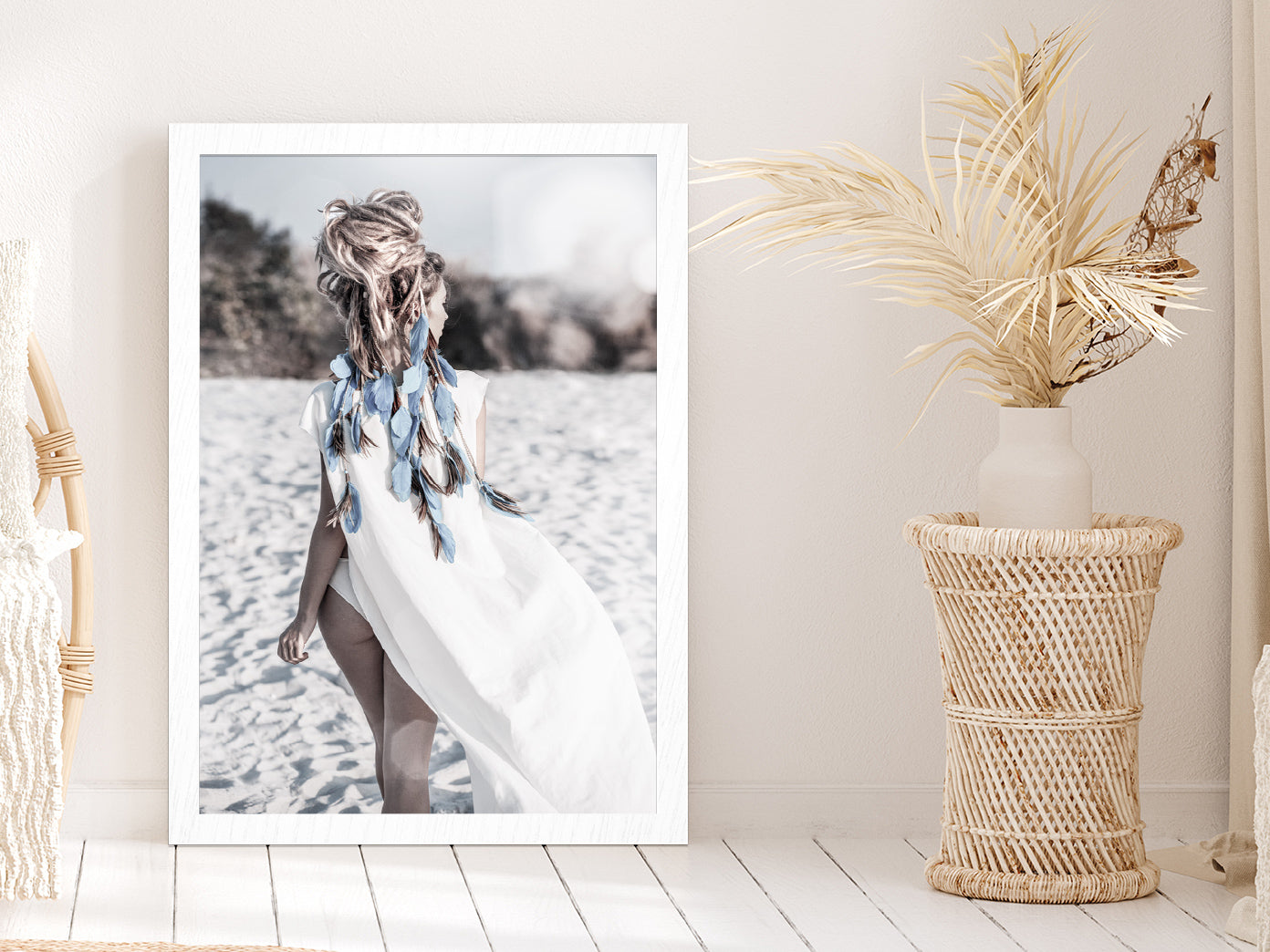 Girl on Sand Beach View Photograph Glass Framed Wall Art, Ready to Hang Quality Print Without White Border White
