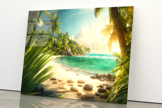 Beach with Palm Tree Acrylic Glass Print Tempered Glass Wall Art 100% Made in Australia Ready to Hang