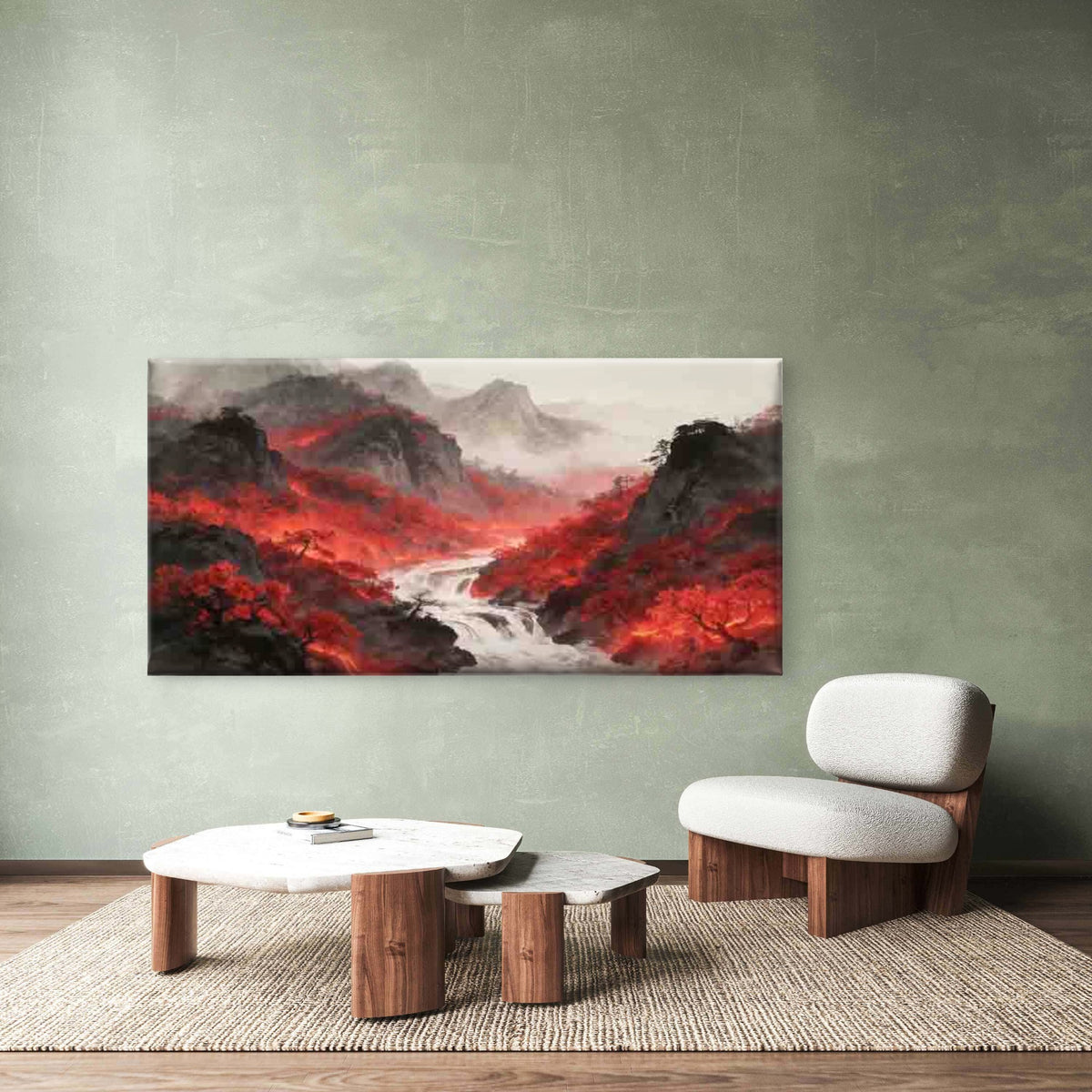 Red Forest Mountain River Scene Wall Art Canvas Office Home Room Framed 120x60cm