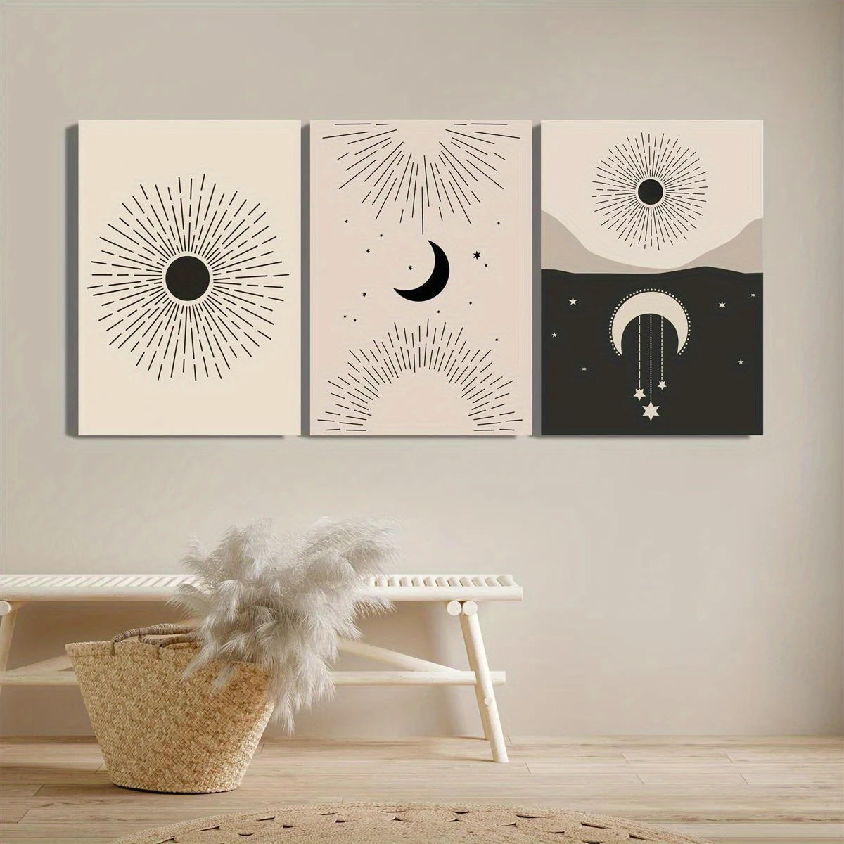 3pcs Sun, Moon & Stars, Contemporary Bohemian Gallery Metal Print Ready to Hang Art