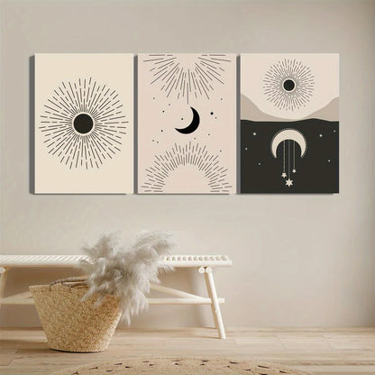 3pcs Sun, Moon & Stars, Contemporary Bohemian Gallery Metal Print Ready to Hang Art