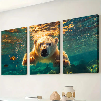 3pcs Polar Bear Swimming Underwater Wall Art Set Canvas Framed 60x90cm - High Quality Print 100% Australian Made Wall Canvas Ready to Hang