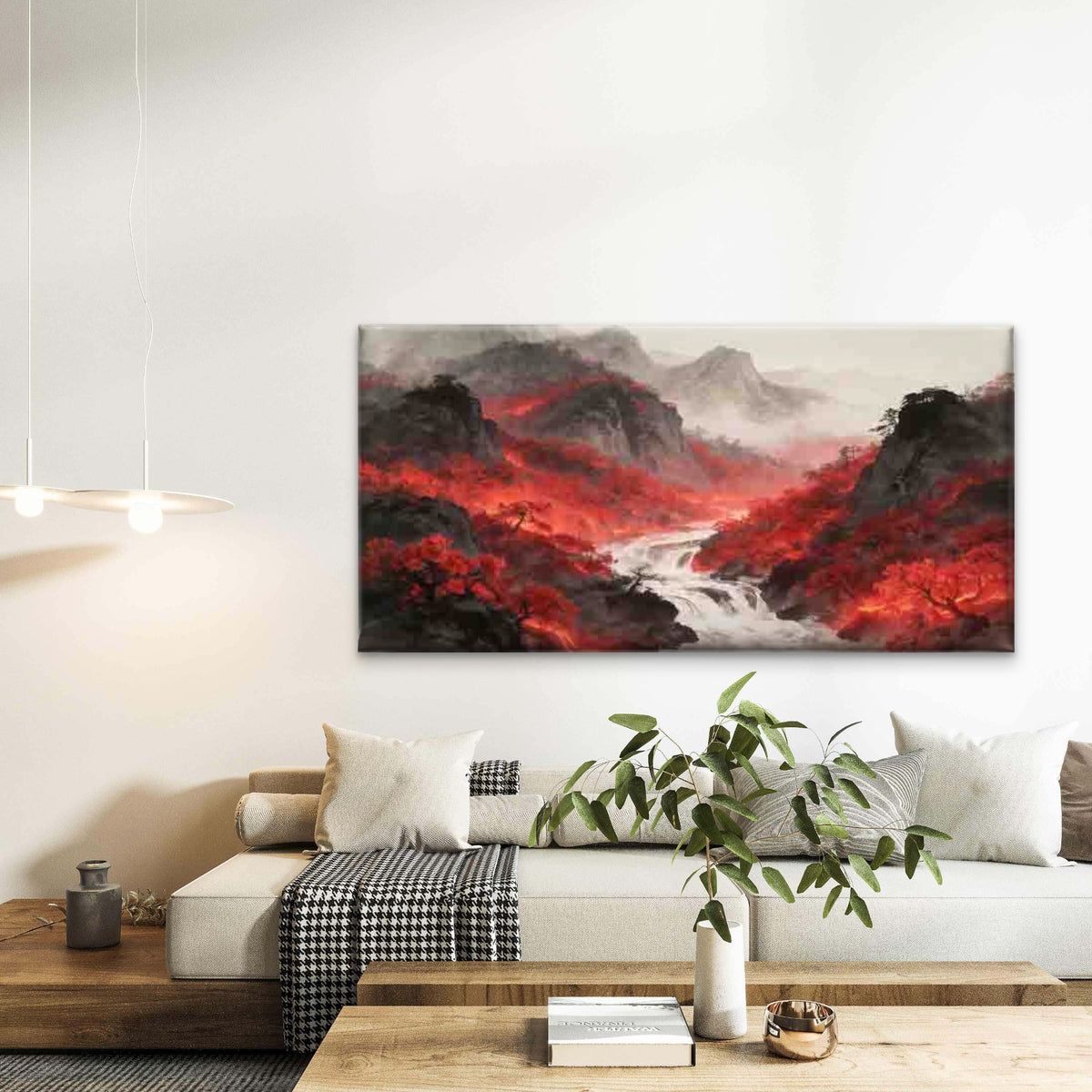 Red Forest Mountain River Scene Wall Art Canvas Office Home Room Framed 120x60cm