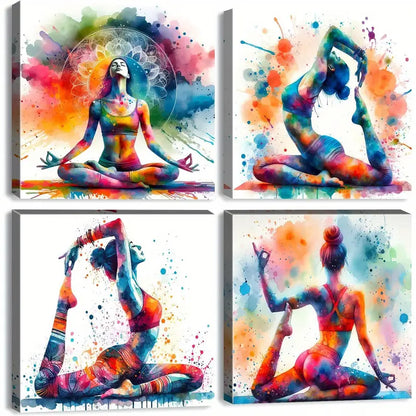 4pcs Watercolor Yoga Women Painting Wall Art Canvas Framed