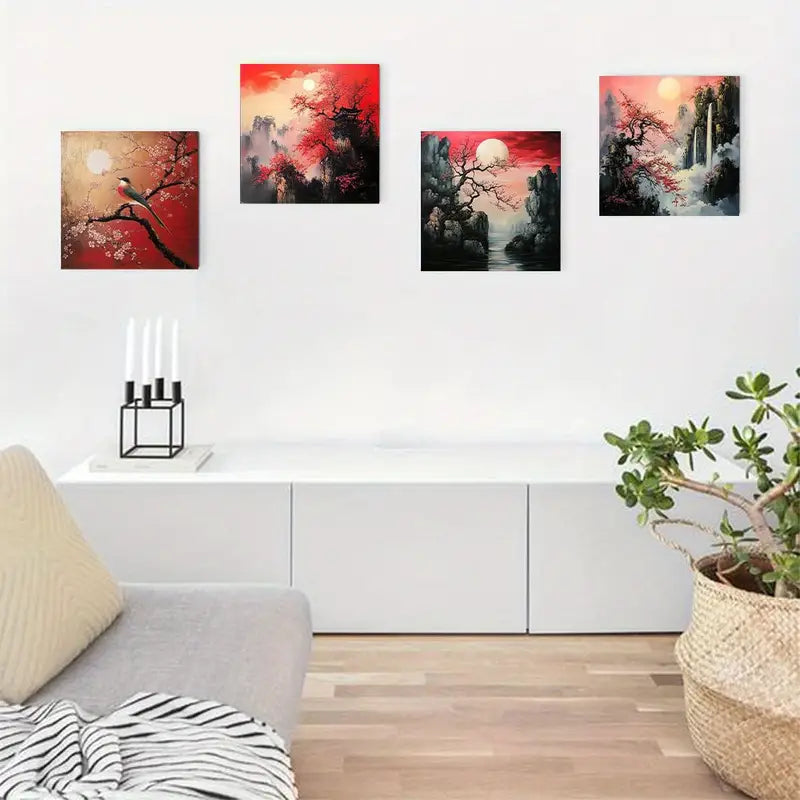 4pcs  Cherry Blossom & Red Sunset Prints TY Wall Art Canvas Framed