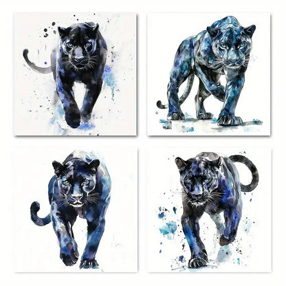 4pcs watercolor of a black leopard    Wall Art Canvas Framed