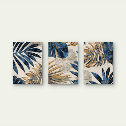 3pcs Blue And Gold Embroidered Tropical Palm Leaves Wall Art Set Canvas Framed 50x70cm- High Quality Print 100% Australian Made Wall Canvas Ready to Hang