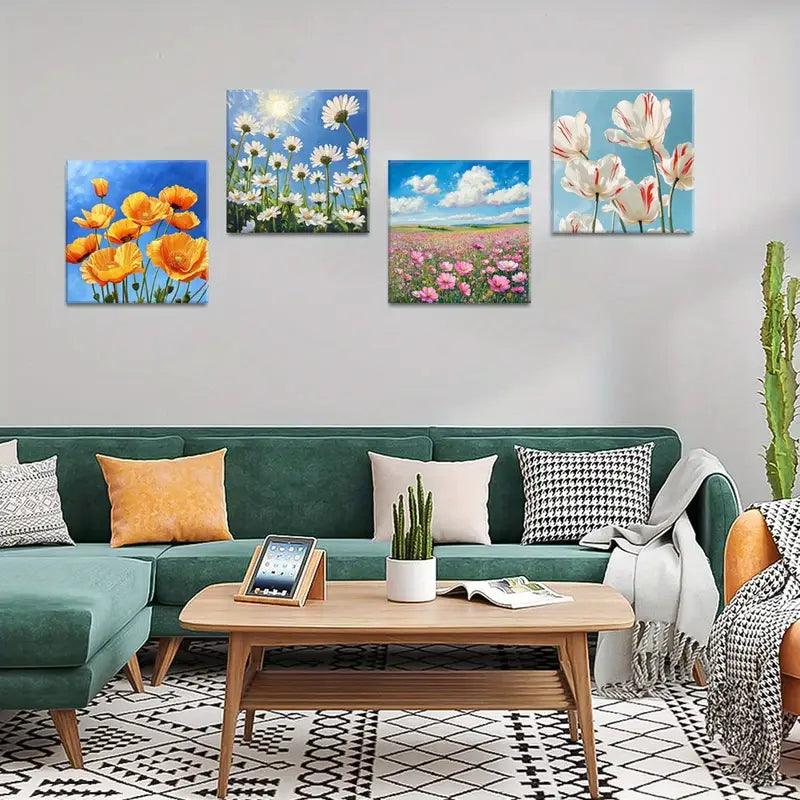 4pcs Flower  Nature Wall Decor, Colorful  FND Wall Art Canvas Framed