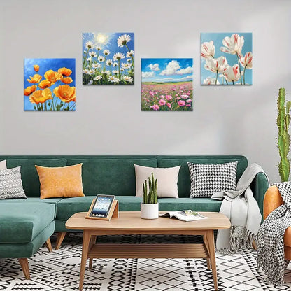 4pcs Flower  Nature Wall Decor, Colorful  FND Wall Art Canvas Framed