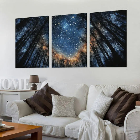 3pcs Starry Night Forest Silhouette Blue & Golden Nature Metal Print Ready to Hang Art
