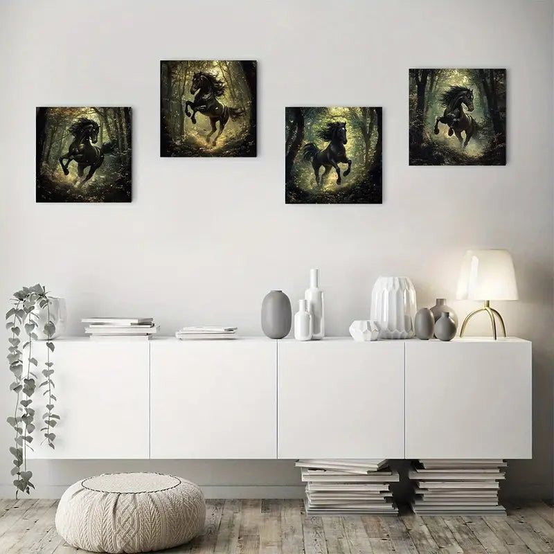 4pcs Abstract Black Horse In Forest, Dynamic Mot Wall Art Canvas Framed