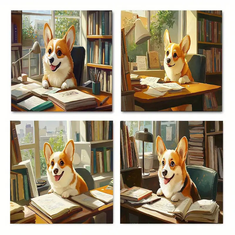 4pcs   Adorable Corgi Art DOG  Wall Art Canvas Framed