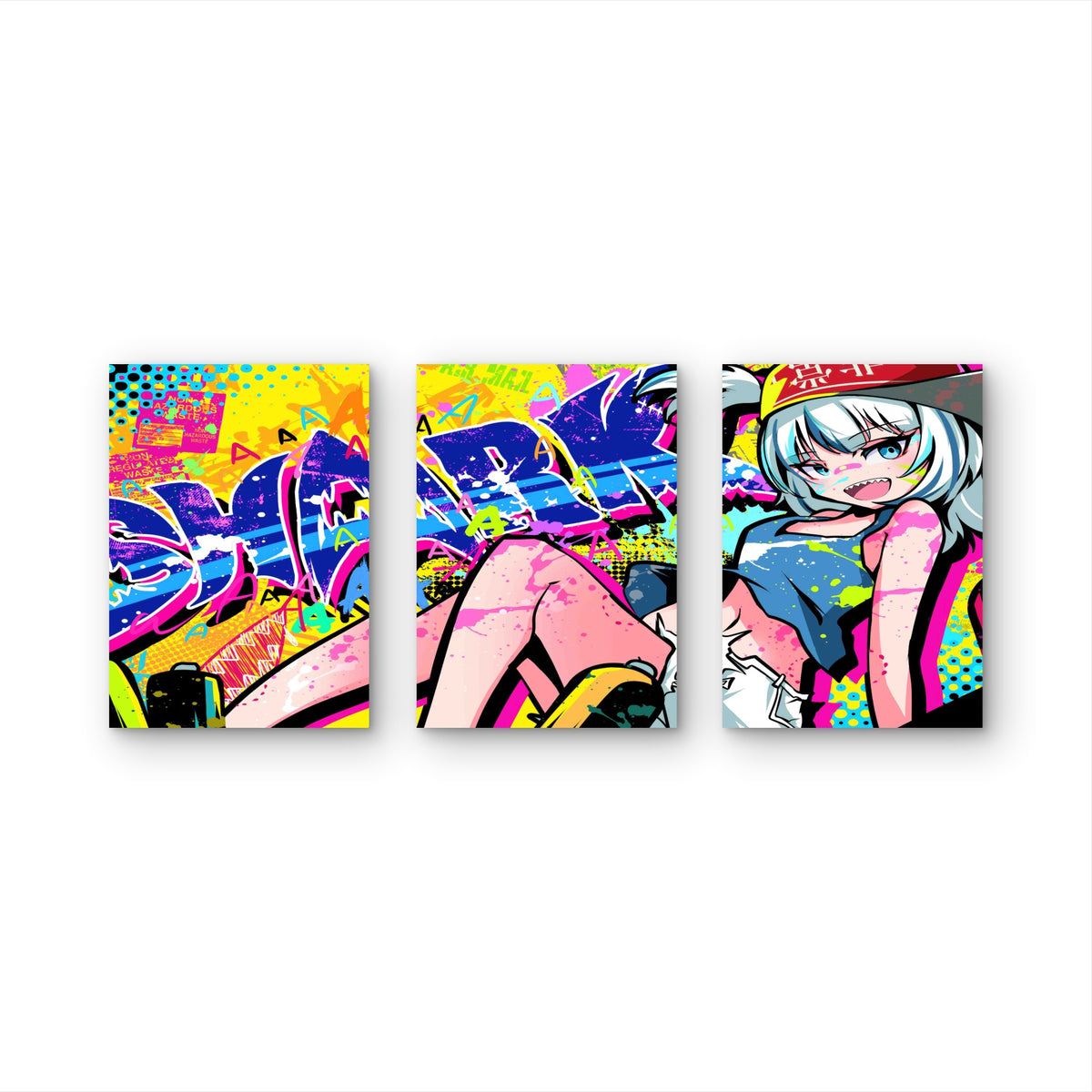 3pcs Urban Street Graffiti Pop Neon Splatter Metal Print Ready to Hang Art