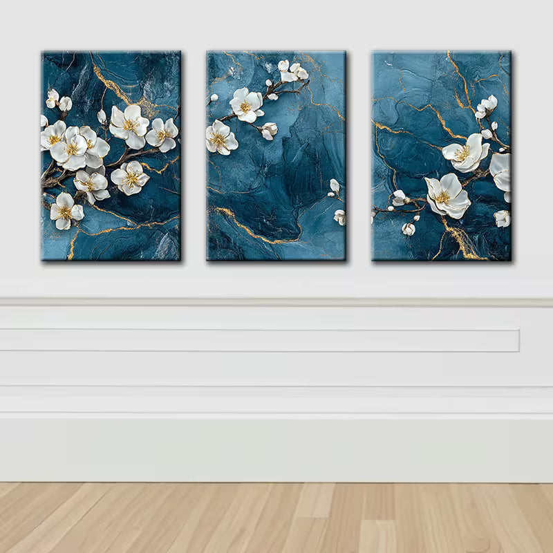 3pcs Blue Cherry Blossom Floral Design Wall Art Set Canvas Framed 40x60cm - High Quality Print 100% Australian Made Wall Canvas Ready to Hang
