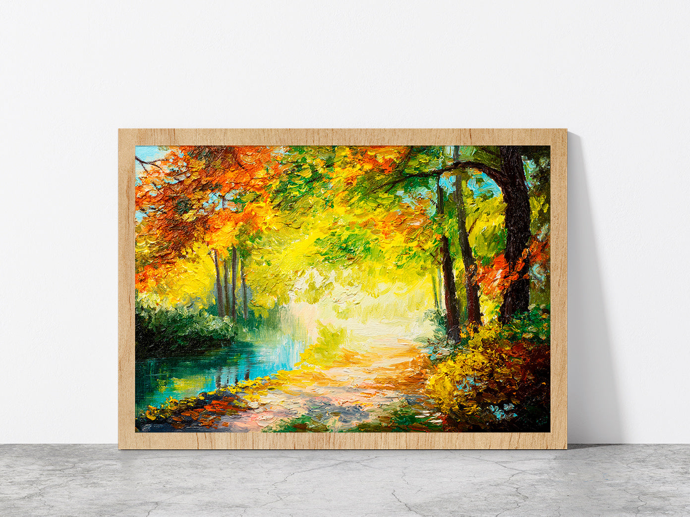 River In A Autumn Colorful Forest Glass Framed Wall Art, Ready to Hang Quality Print Without White Border Oak