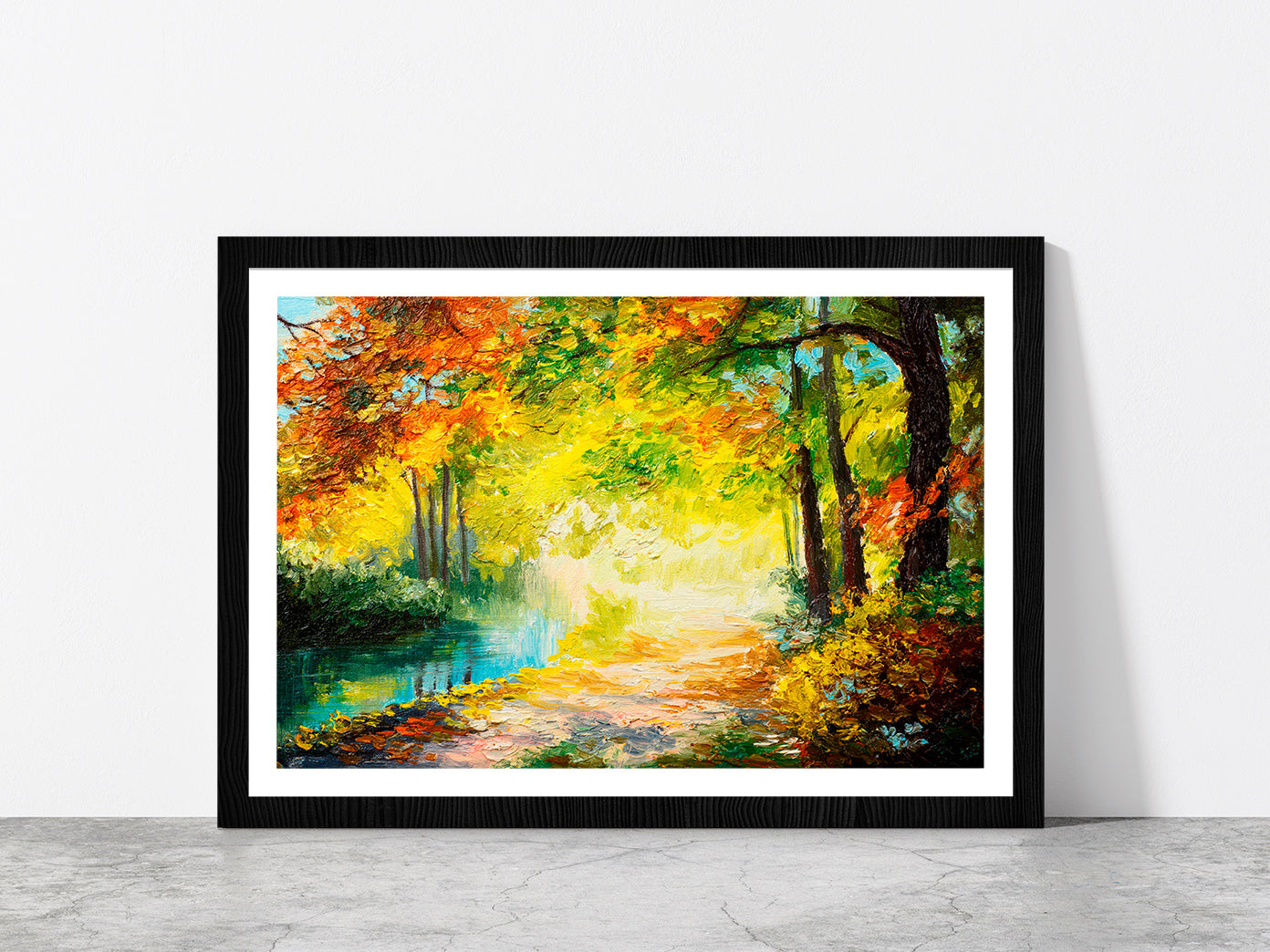 River In A Autumn Colorful Forest Glass Framed Wall Art, Ready to Hang Quality Print With White Border Black