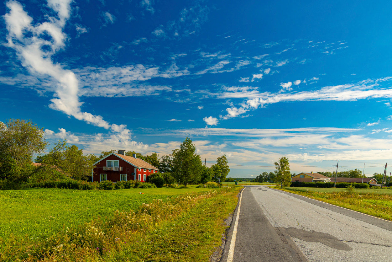 A Rural Road with Grass and Trees under a Cloudy Sky Print 100% Australian Made