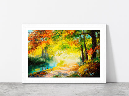 River In A Autumn Colorful Forest Glass Framed Wall Art, Ready to Hang Quality Print With White Border White