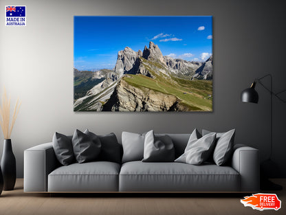 A Rocky Mountain with A Road in Grassy Areas Print 100% Australian Made