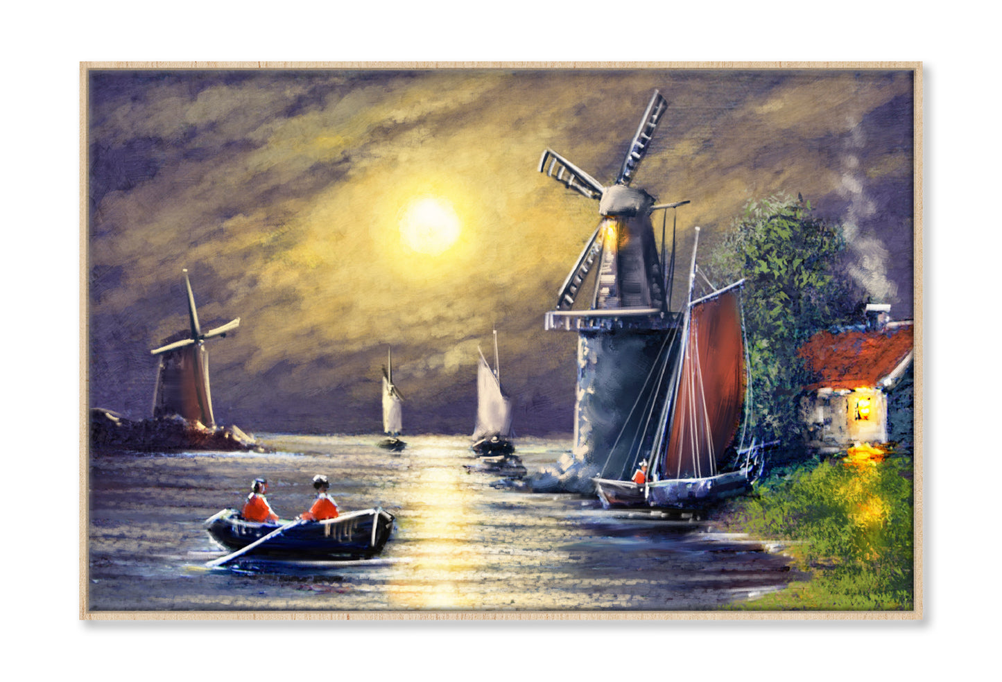 Windmill near Lake & Boats Night Sky Oil Painting Wall Art Limited Edition High Quality Print Canvas Box Framed Natural