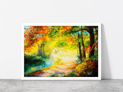 River In A Autumn Colorful Forest Glass Framed Wall Art, Ready to Hang Quality Print Without White Border White