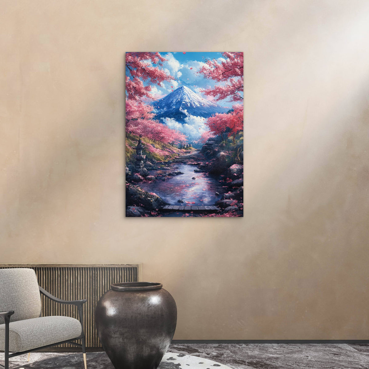 Fuji Mountain Pink Cherry Blossom Path 40x60cm Metal Print Ready to Hang