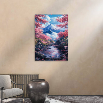 Fuji Mountain Pink Cherry Blossom Path 40x60cm Metal Print Ready to Hang