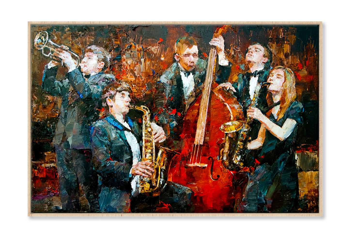 Stylish Jazz Band Playing Music Oil Painting Wall Art Limited Edition High Quality Print Canvas Box Framed Natural