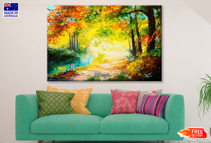 River In A Autumn Colorful Forest Oil Painting Wall Art Limited Edition High Quality Print