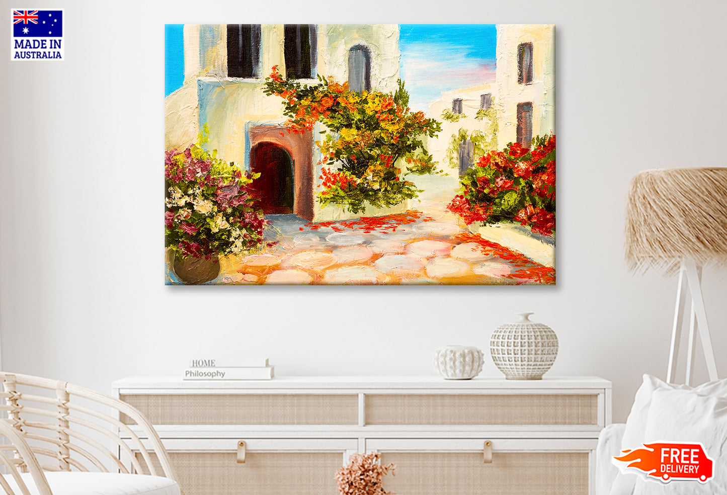 Flower Plants near House & Blue Sky Oil Painting Wall Art Limited Edition High Quality Print