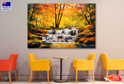 Waterfall In Autumn Forest Oil Painting Wall Art Limited Edition High Quality Print