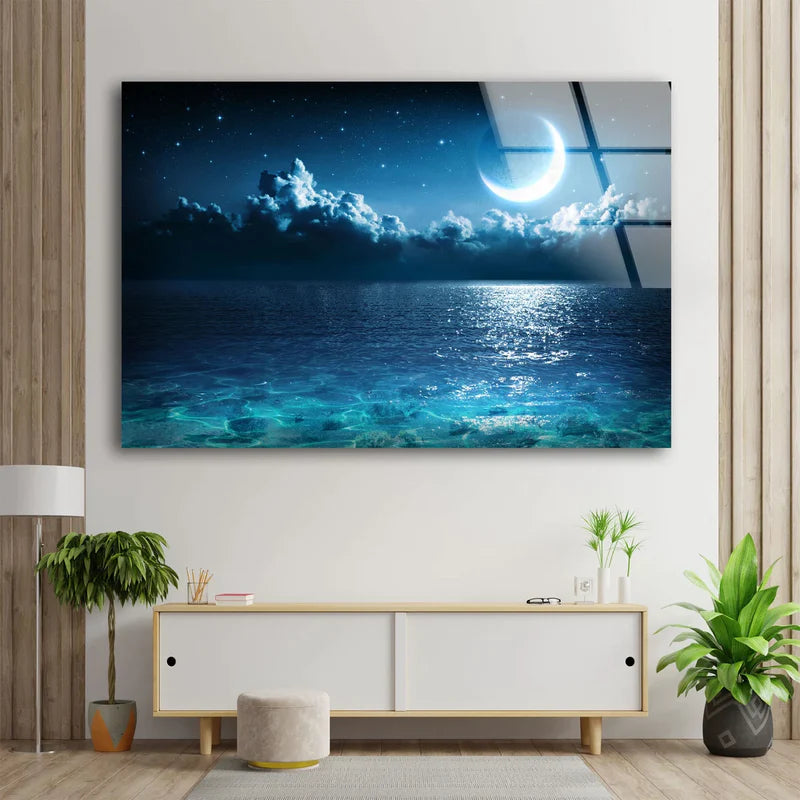 Moon Over Sea Night UV Direct Aluminum Print Australian Made Quality