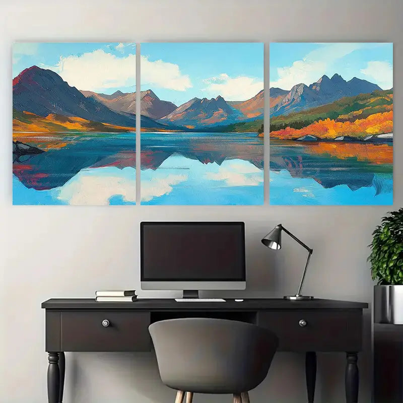 3pcs Mountain Range Crystal Clear Lake Metal Print Ready to Hang Art
