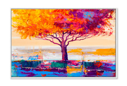 Orange Red Leaves With Large Tree Oil Painting Limited Edition High Quality Print Canvas Box Framed White