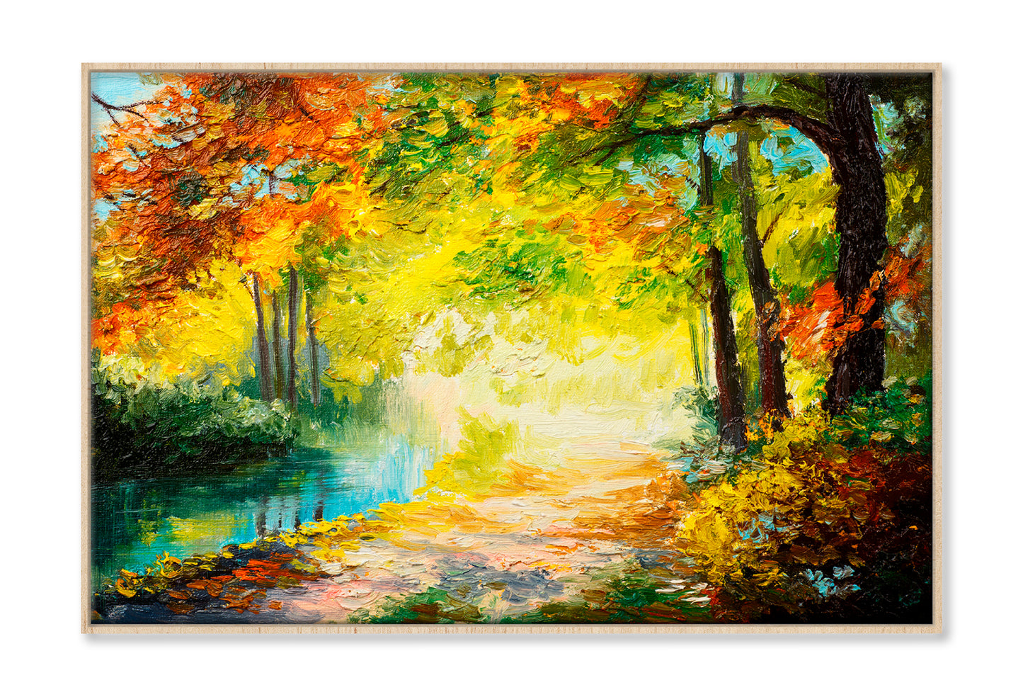 River In A Autumn Colorful Forest Oil Painting Wall Art Limited Edition High Quality Print Canvas Box Framed Natural