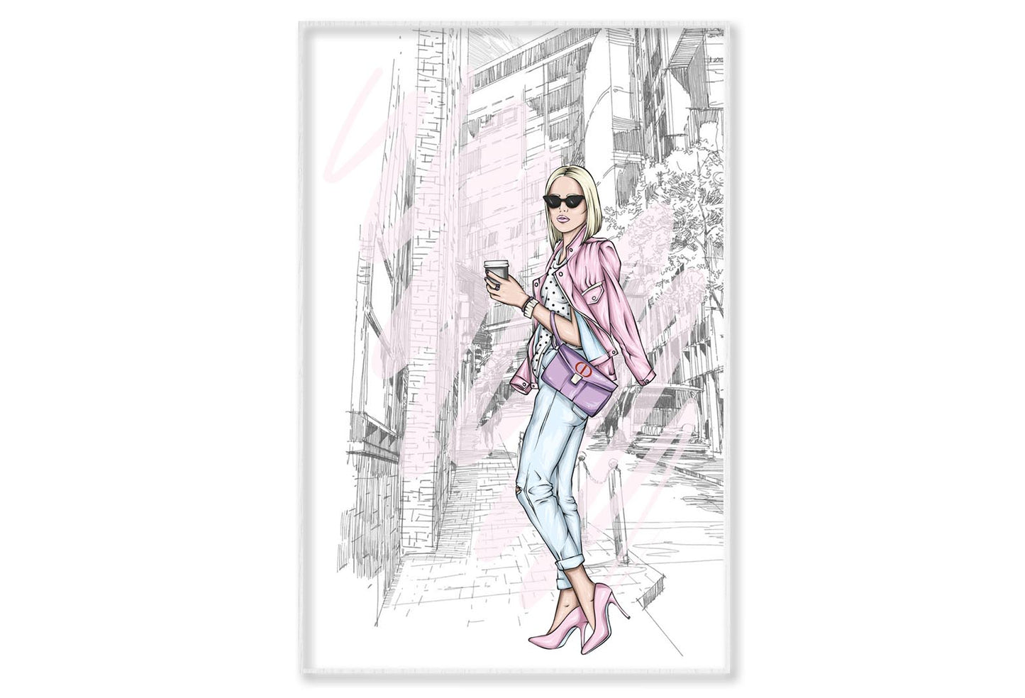 Pink Girl With Fashion Store Wall Art Limited Edition High Quality Print Canvas Box Framed White