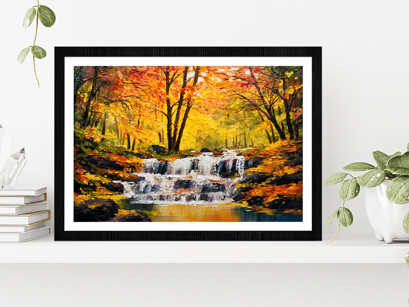 Autumn Forest With A Lake Painting Glass Framed Wall Art, Ready to Hang Quality Print With White Border Black