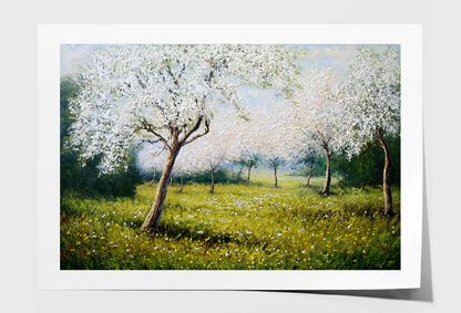 Spring Blossom Tree on Green Grass Field Painting Wall Art Limited Edition High Quality Print Unframed Roll Canvas None