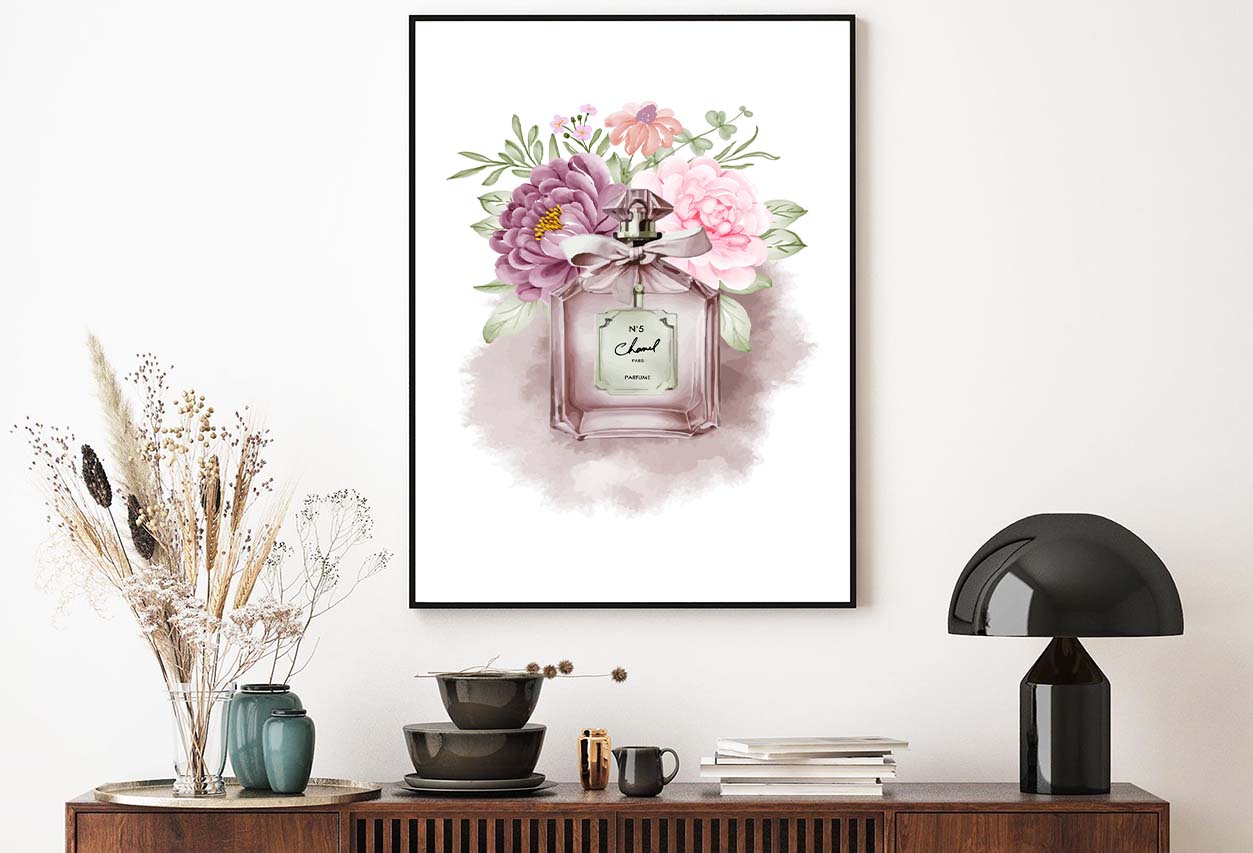 Elegant Fashion Bottle with Pink Flowers Design Home Decor Premium Quality Poster Print Choose Your Sizes