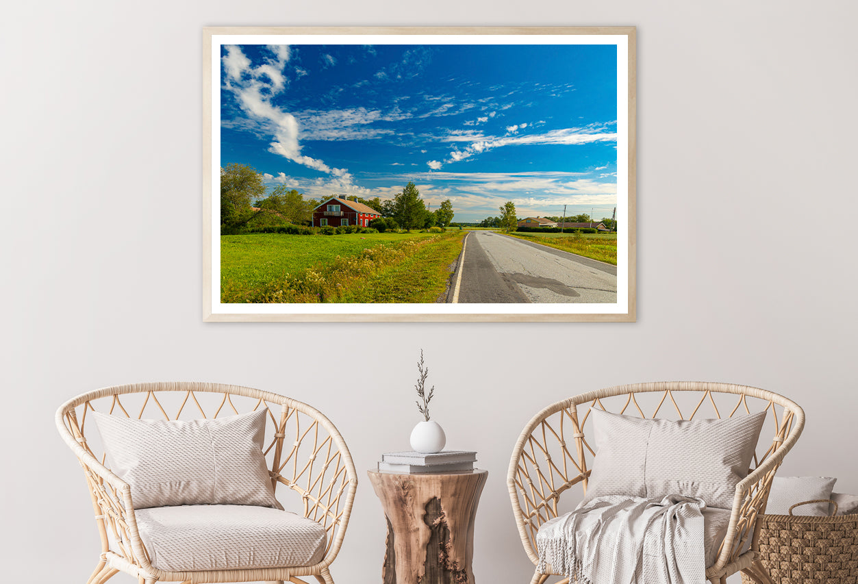 A Rural Road with Grass and Trees under a Cloudy Sky Home Decor Premium Quality Poster Print Choose Your Sizes