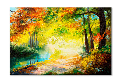 River In A Autumn Colorful Forest Oil Painting Wall Art Limited Edition High Quality Print Stretched Canvas None