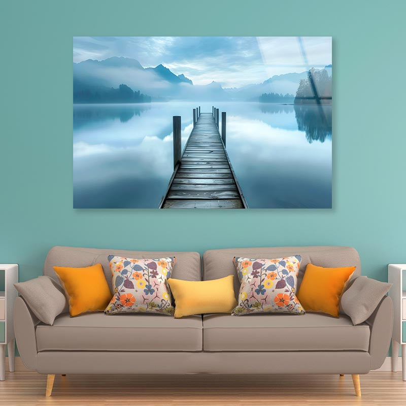 Dock On a Lake with Mountains in The Background  Acrylic Glass Print Tempered Glass Wall Art 100% Made in Australia Ready to Hang