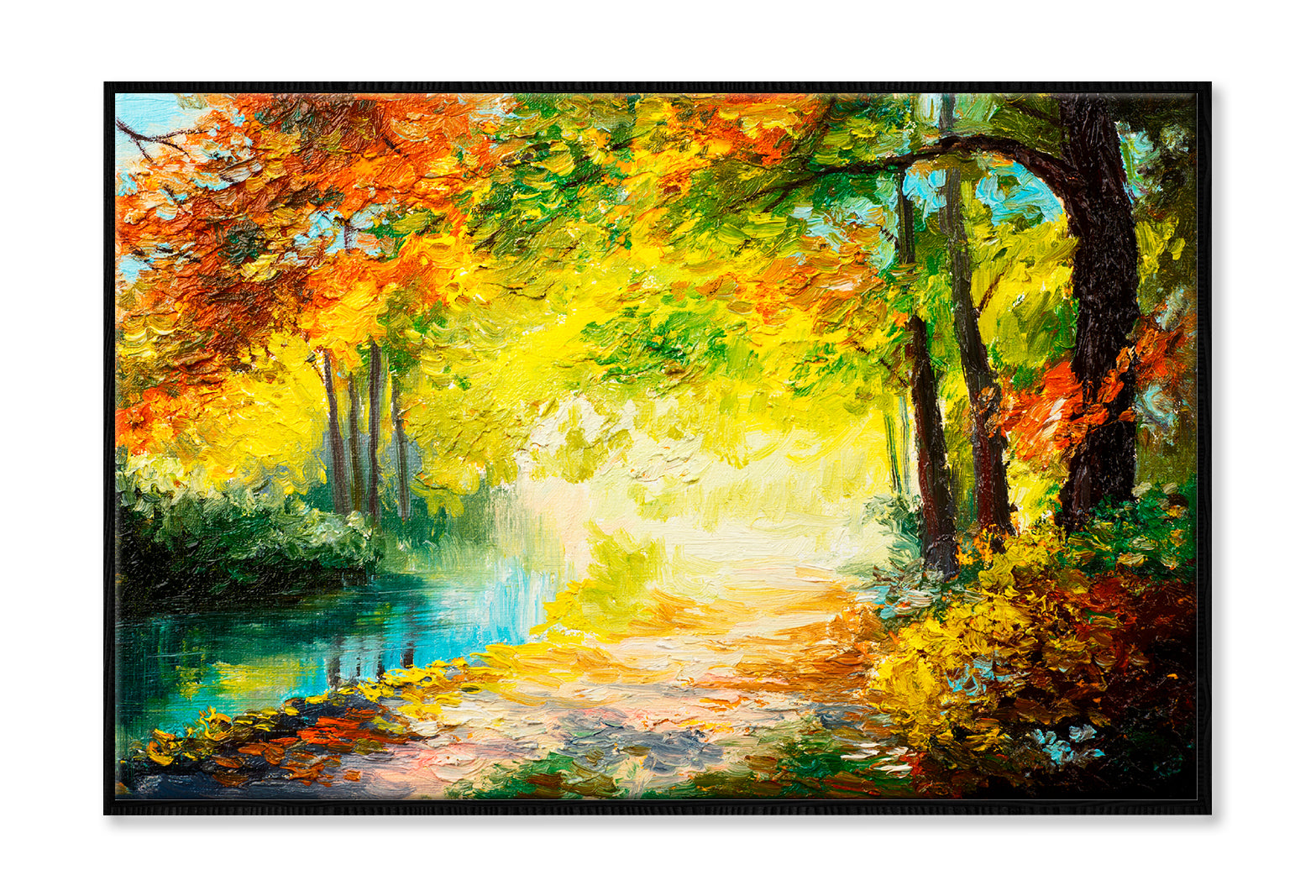 River In A Autumn Colorful Forest Oil Painting Wall Art Limited Edition High Quality Print Canvas Box Framed Black