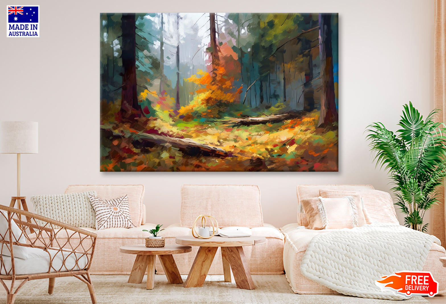 Tree Trunk & Autumn Forest Oil Painting Wall Art Limited Edition High Quality Print