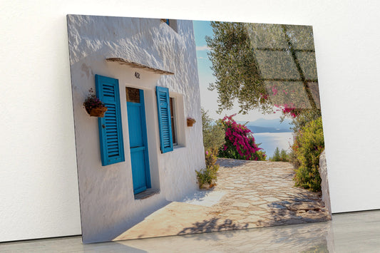 White Building with Blue Shutters Acrylic Glass Print Tempered Glass Wall Art 100% Made in Australia Ready to Hang