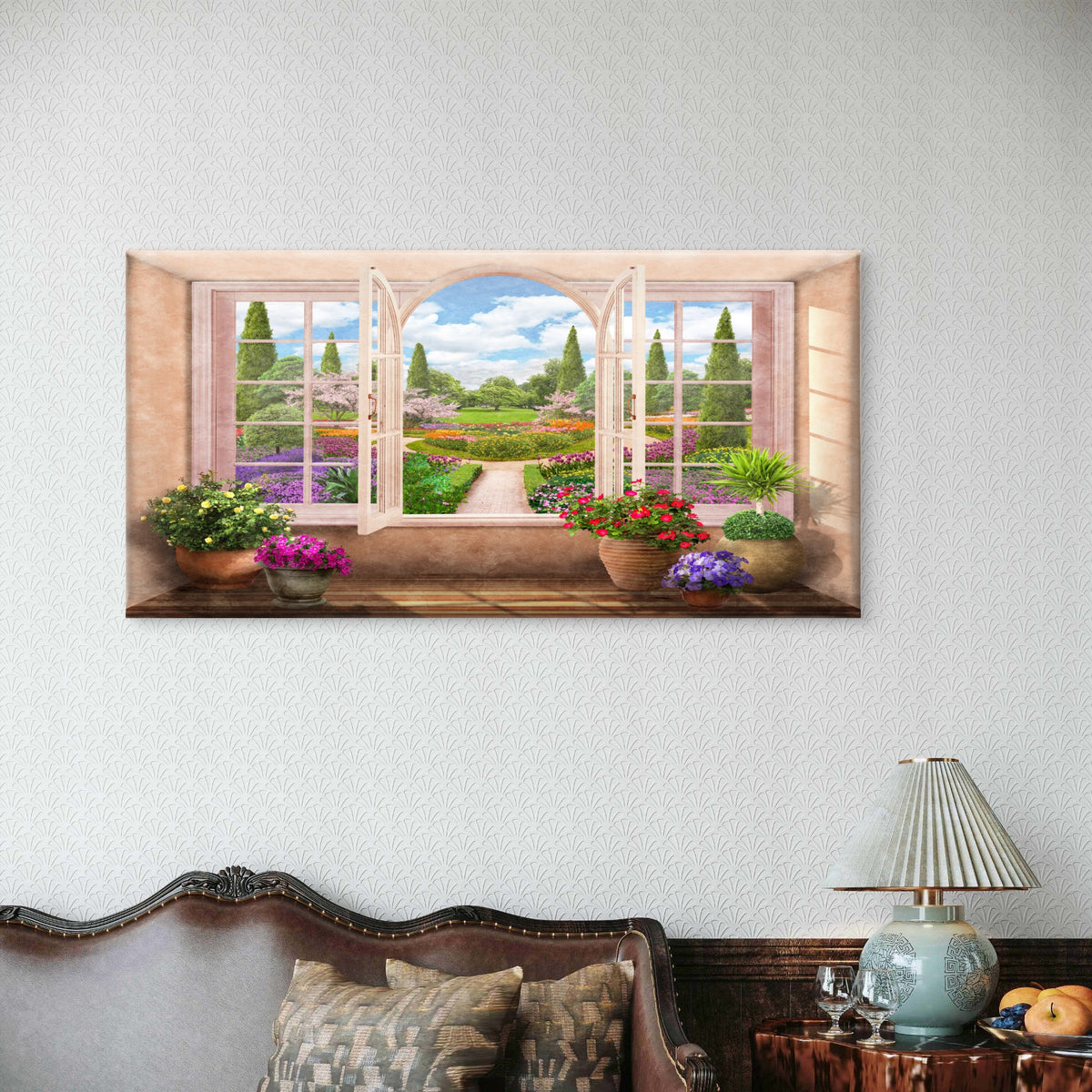 Greece Open Window Garden Wall Art Canvas Office Home Room Framed 120x60cm